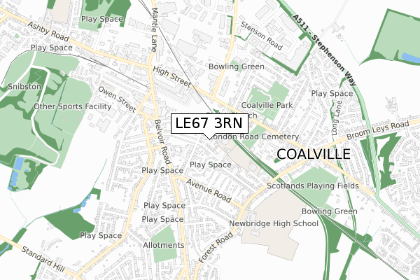 LE67 3RN map - small scale - OS Open Zoomstack (Ordnance Survey)