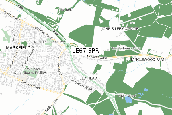 LE67 9PR map - small scale - OS Open Zoomstack (Ordnance Survey)