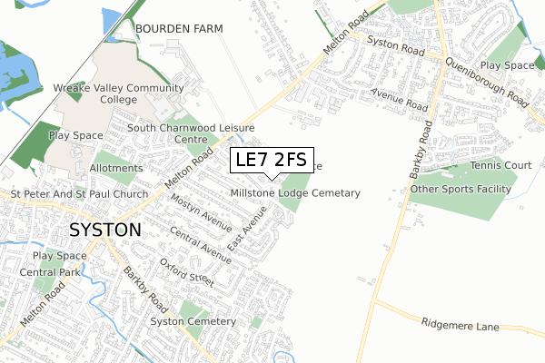 LE7 2FS map - small scale - OS Open Zoomstack (Ordnance Survey)