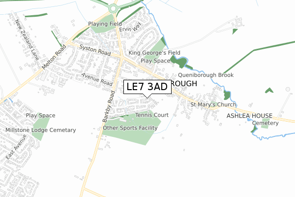 LE7 3AD map - small scale - OS Open Zoomstack (Ordnance Survey)