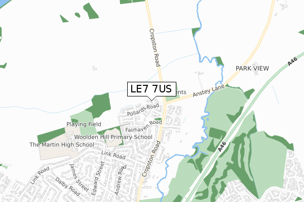 LE7 7US map - small scale - OS Open Zoomstack (Ordnance Survey)