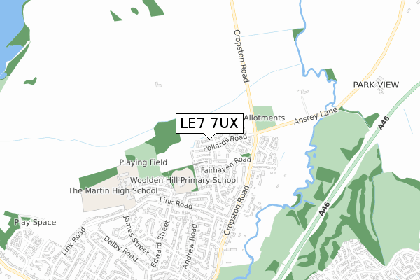 LE7 7UX map - small scale - OS Open Zoomstack (Ordnance Survey)