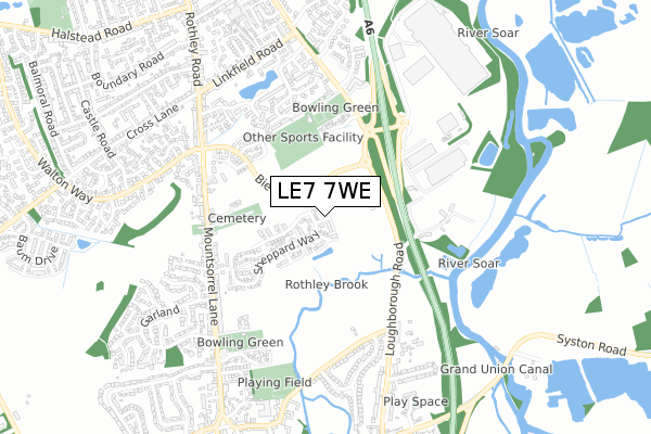 LE7 7WE map - small scale - OS Open Zoomstack (Ordnance Survey)