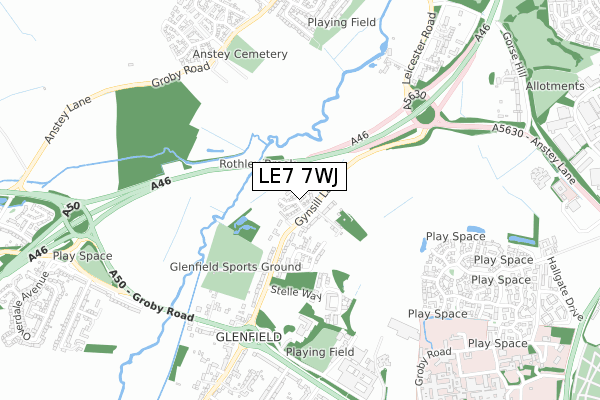 LE7 7WJ map - small scale - OS Open Zoomstack (Ordnance Survey)