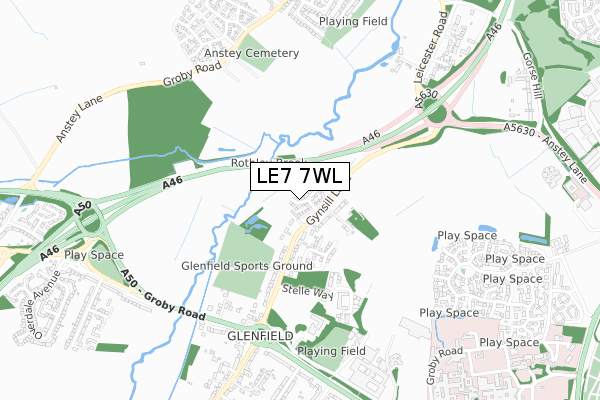LE7 7WL map - small scale - OS Open Zoomstack (Ordnance Survey)