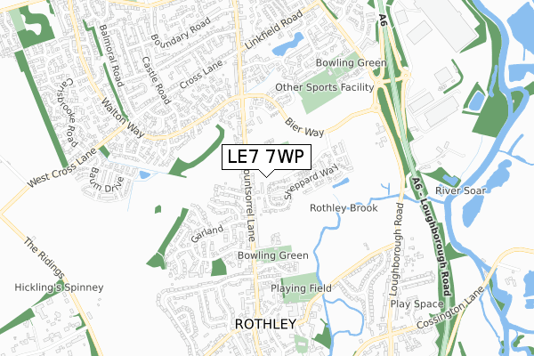 LE7 7WP map - small scale - OS Open Zoomstack (Ordnance Survey)