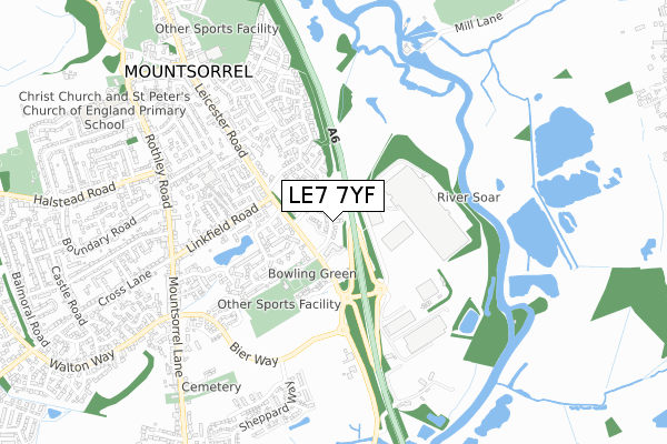 LE7 7YF map - small scale - OS Open Zoomstack (Ordnance Survey)