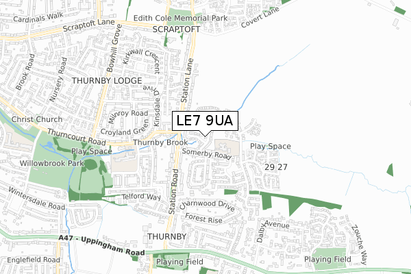 LE7 9UA map - small scale - OS Open Zoomstack (Ordnance Survey)