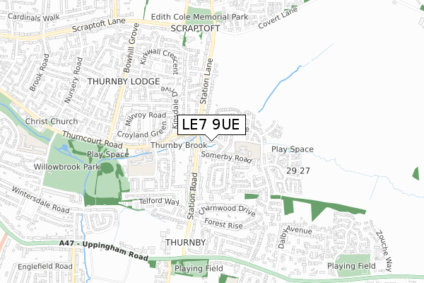 LE7 9UE map - small scale - OS Open Zoomstack (Ordnance Survey)