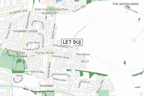 LE7 9UJ map - small scale - OS Open Zoomstack (Ordnance Survey)