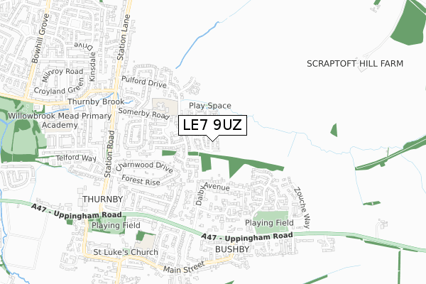 LE7 9UZ map - small scale - OS Open Zoomstack (Ordnance Survey)