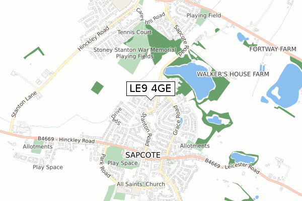 LE9 4GE map - small scale - OS Open Zoomstack (Ordnance Survey)