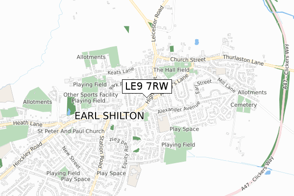 LE9 7RW map - small scale - OS Open Zoomstack (Ordnance Survey)