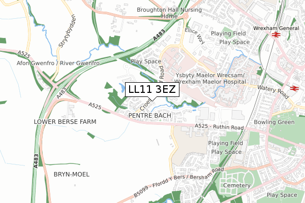 LL11 3EZ map - small scale - OS Open Zoomstack (Ordnance Survey)