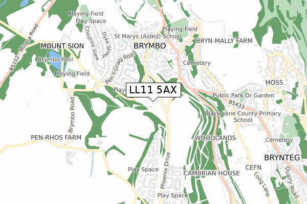 LL11 5AX map - small scale - OS Open Zoomstack (Ordnance Survey)