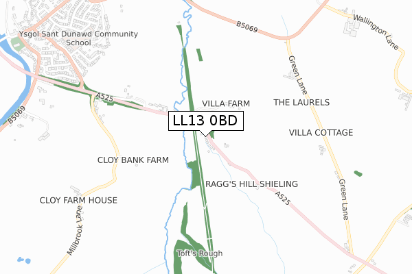 LL13 0BD map - small scale - OS Open Zoomstack (Ordnance Survey)