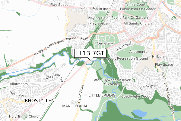 LL13 7GT map - small scale - OS Open Zoomstack (Ordnance Survey)