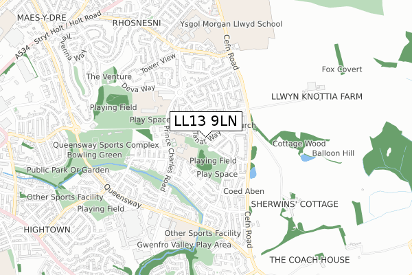 LL13 9LN map - small scale - OS Open Zoomstack (Ordnance Survey)