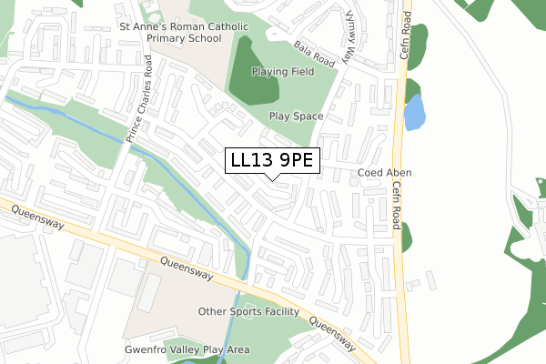 LL13 9PE map - large scale - OS Open Zoomstack (Ordnance Survey)