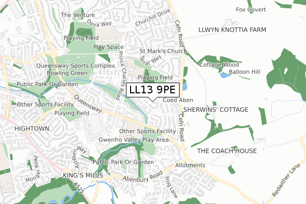 LL13 9PE map - small scale - OS Open Zoomstack (Ordnance Survey)