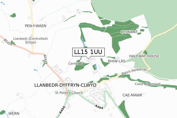 LL15 1UU map - small scale - OS Open Zoomstack (Ordnance Survey)