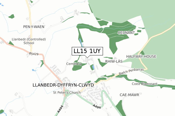 LL15 1UY map - small scale - OS Open Zoomstack (Ordnance Survey)