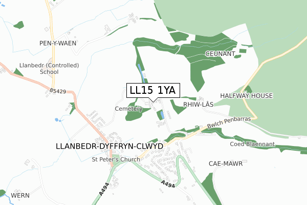 LL15 1YA map - small scale - OS Open Zoomstack (Ordnance Survey)