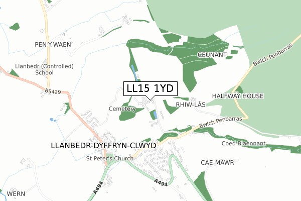 LL15 1YD map - small scale - OS Open Zoomstack (Ordnance Survey)