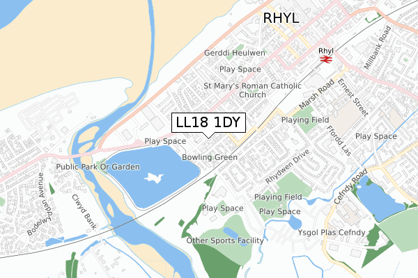 LL18 1DY map - small scale - OS Open Zoomstack (Ordnance Survey)