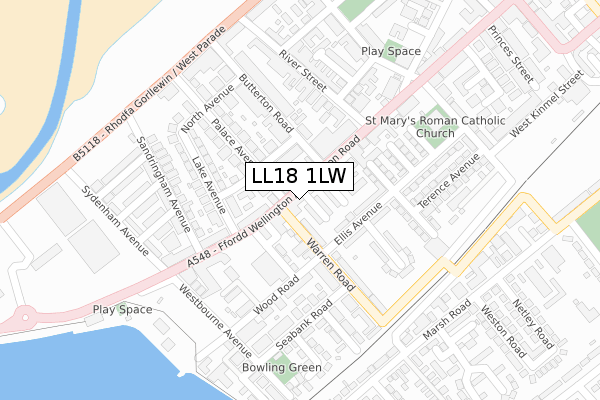 LL18 1LW map - large scale - OS Open Zoomstack (Ordnance Survey)