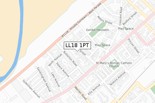 LL18 1PT map - large scale - OS Open Zoomstack (Ordnance Survey)