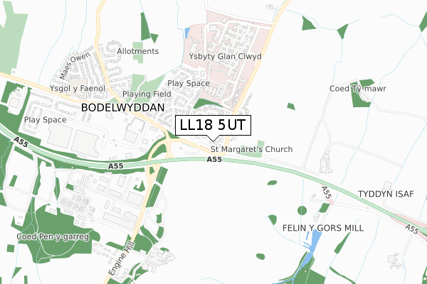 LL18 5UT map - small scale - OS Open Zoomstack (Ordnance Survey)