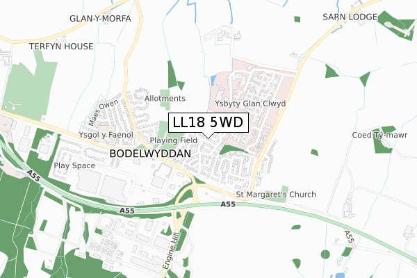 LL18 5WD map - small scale - OS Open Zoomstack (Ordnance Survey)