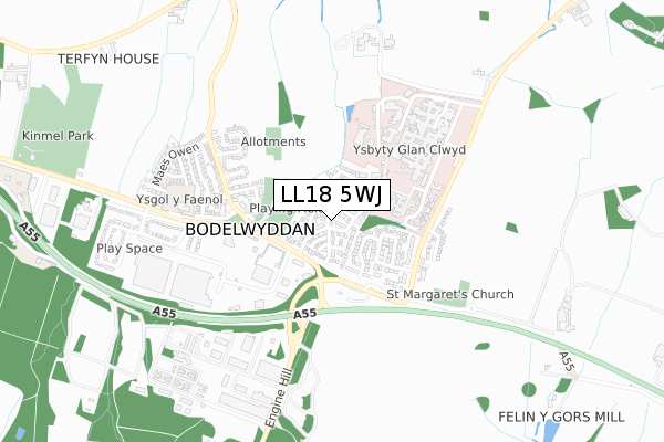 LL18 5WJ map - small scale - OS Open Zoomstack (Ordnance Survey)