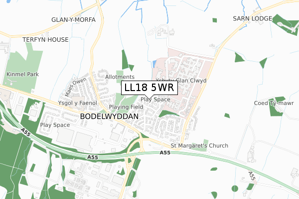 LL18 5WR map - small scale - OS Open Zoomstack (Ordnance Survey)