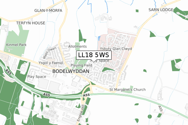 LL18 5WS map - small scale - OS Open Zoomstack (Ordnance Survey)