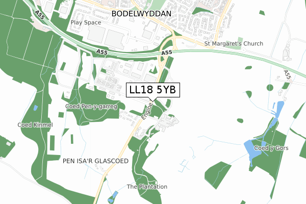 LL18 5YB map - small scale - OS Open Zoomstack (Ordnance Survey)