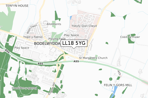 LL18 5YG map - small scale - OS Open Zoomstack (Ordnance Survey)