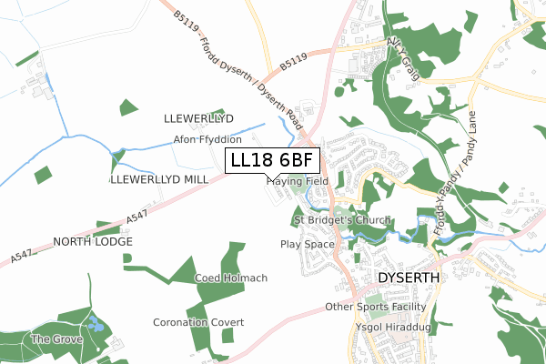 LL18 6BF map - small scale - OS Open Zoomstack (Ordnance Survey)
