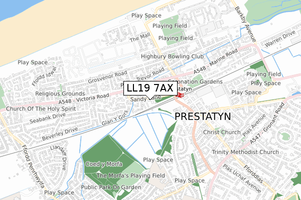 LL19 7AX map - small scale - OS Open Zoomstack (Ordnance Survey)