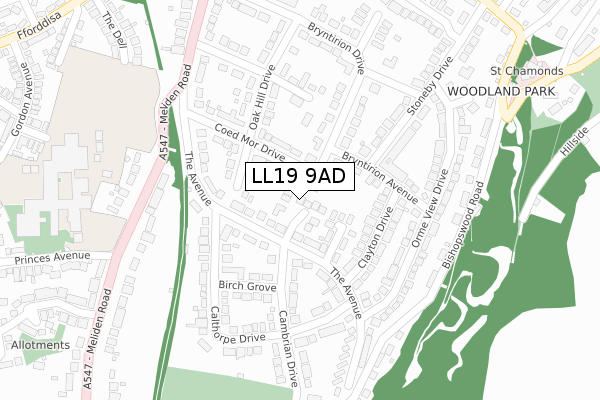 LL19 9AD map - large scale - OS Open Zoomstack (Ordnance Survey)