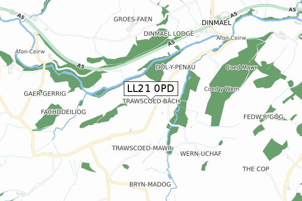 LL21 0PD map - small scale - OS Open Zoomstack (Ordnance Survey)