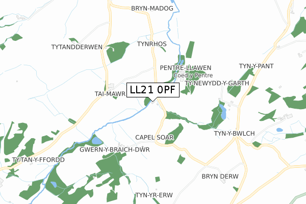 LL21 0PF map - small scale - OS Open Zoomstack (Ordnance Survey)