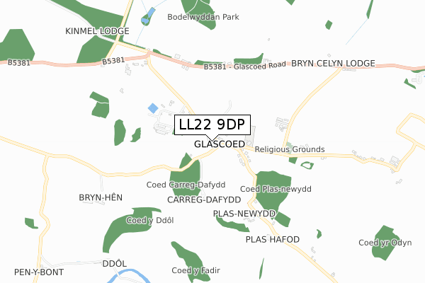 LL22 9DP map - small scale - OS Open Zoomstack (Ordnance Survey)