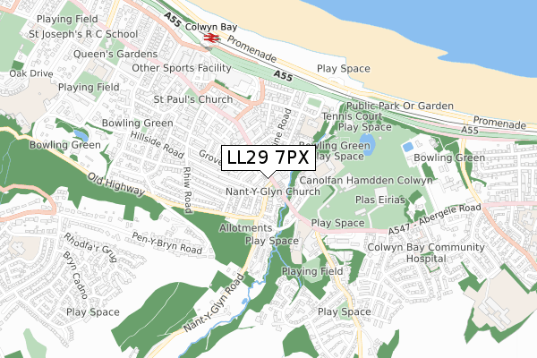 LL29 7PX map - small scale - OS Open Zoomstack (Ordnance Survey)