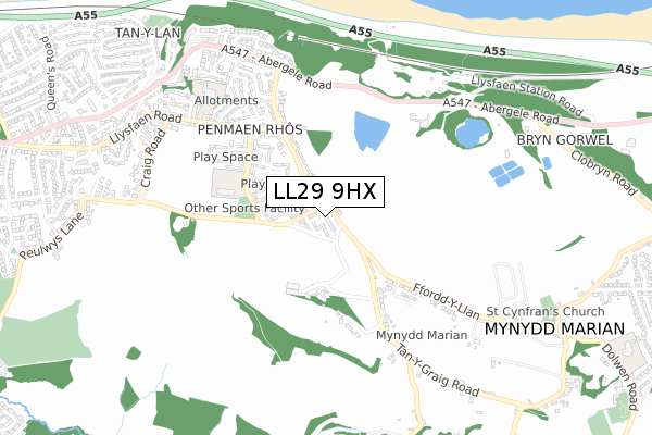 LL29 9HX map - small scale - OS Open Zoomstack (Ordnance Survey)