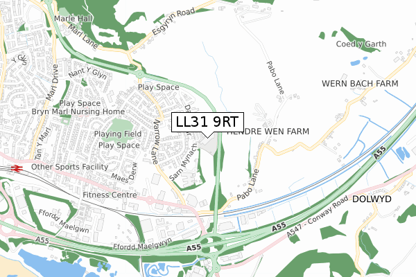 LL31 9RT map - small scale - OS Open Zoomstack (Ordnance Survey)