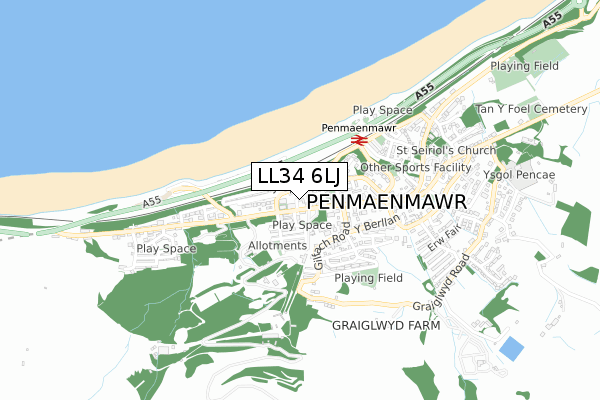 LL34 6LJ map - small scale - OS Open Zoomstack (Ordnance Survey)