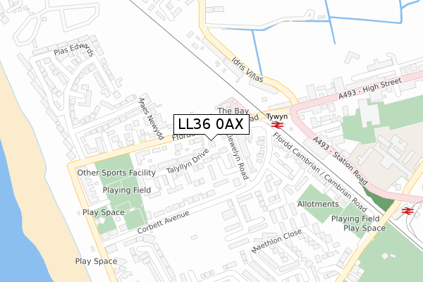 LL36 0AX map - large scale - OS Open Zoomstack (Ordnance Survey)