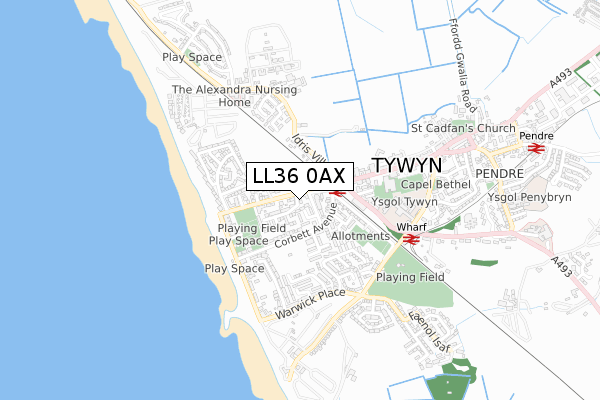 LL36 0AX map - small scale - OS Open Zoomstack (Ordnance Survey)